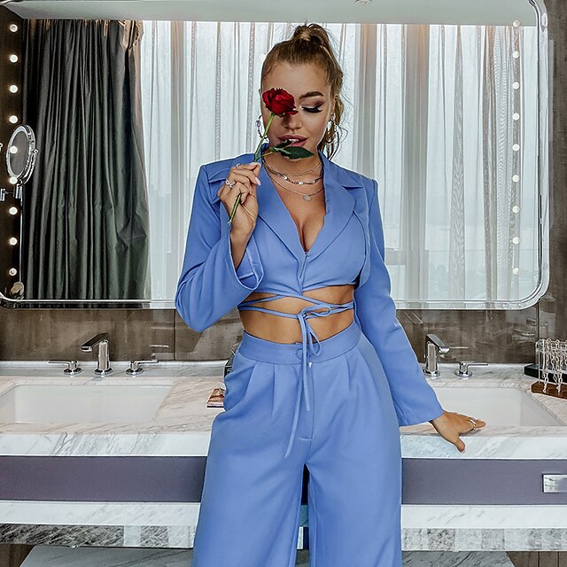 

Women's Streetwear Plain Daily Wear Office Two Piece Set Crop Top Blazer Office Suit Pant Wide leg pants Bell bottoms Lace up Tops