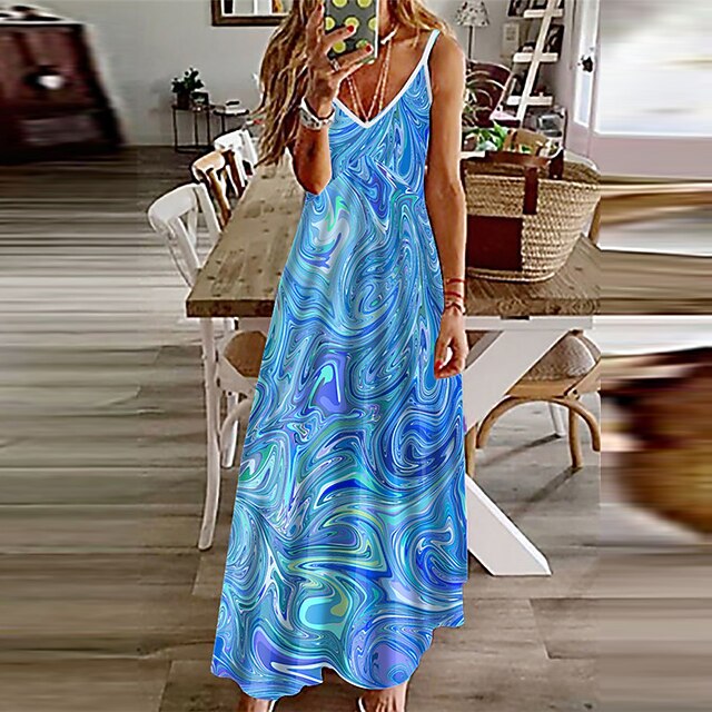 

Women's A Line Dress Maxi long Dress Blue Sleeveless Color Gradient Print Spring Summer Spaghetti Strap Stylish Casual Vacation 2022 S M L XL XXL 3XL