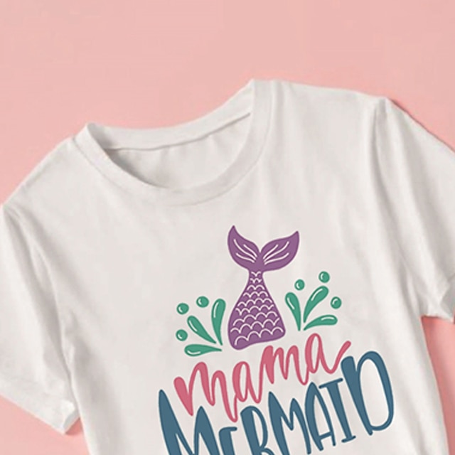 Baby & Kids Matching Outfits | Mommy and Me T shirt Tops Mermaid Letter Street Print White Short Sleeve Active Matching Outfits 