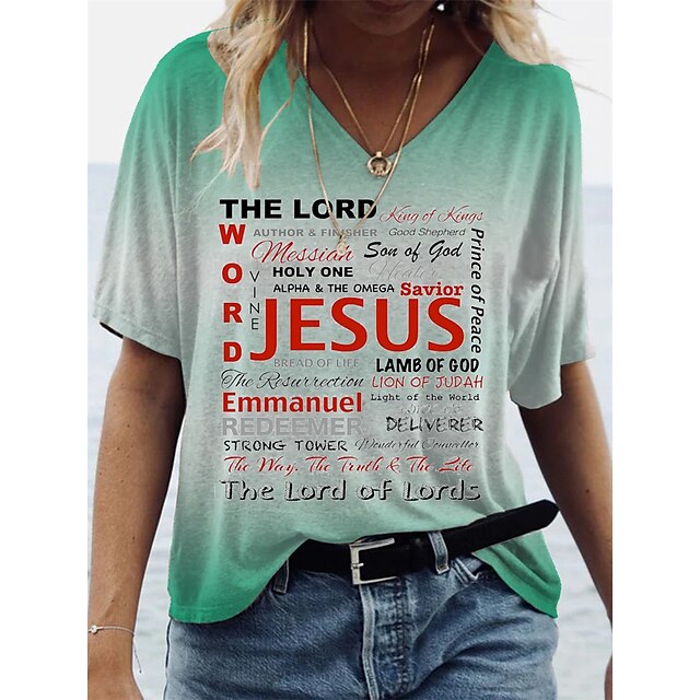 

Women's T shirt Letter V Neck Basic Tops Green / 3D Print