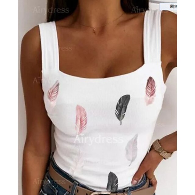 

Women's Tank Top Vest Feather Print Square Neck Casual Streetwear Tops White
