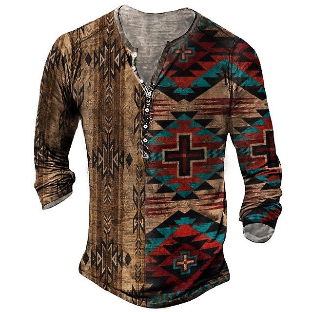 

Men's Unisex Henley Shirt T shirt 3D Print Tribal Graphic Prints Argyle Henley Street Daily Button-Down Print Long Sleeve Tops Basic Casual Fashion Retro Brown / Spring / Summer / Military