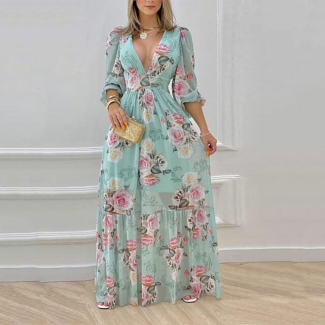 

Women's A Line Dress Maxi long Dress Green Long Sleeve Floral Print Spring Summer V Neck Elegant Formal 2022 S M L XL / Party Dress