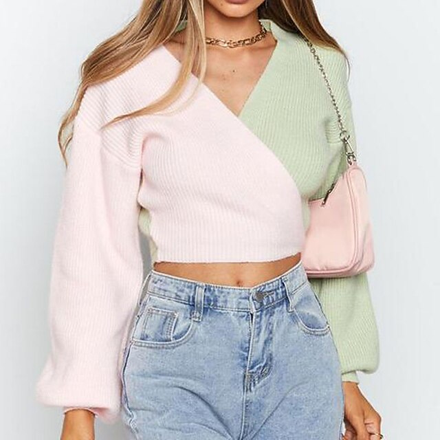 

Women's Sweater Pullover Jumper Knitted Color Block Stylish Casual Soft Long Sleeve Sweater Cardigans V Neck Spring Summer Pink