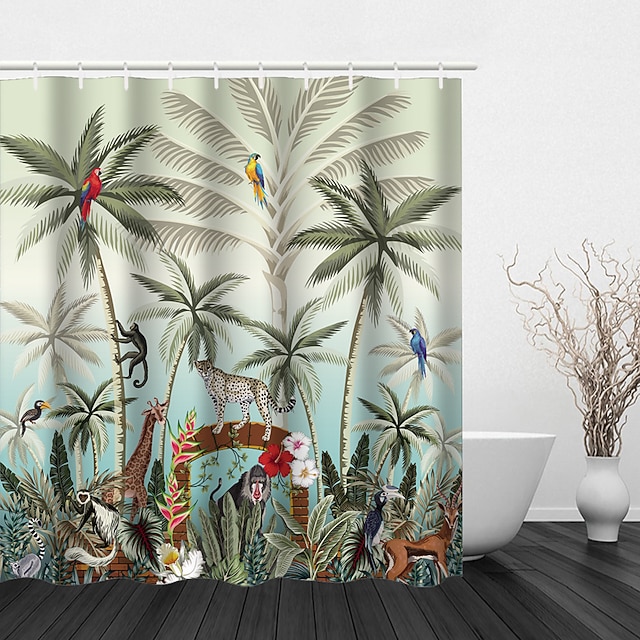 douchegordijn met haken, bos tropisch regenwoud plant patroon stof