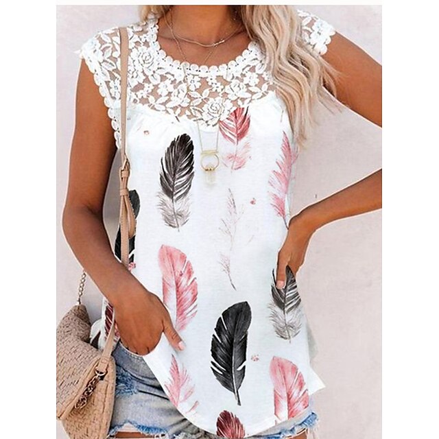 

Women's Floral Theme Butterfly Blouse Tank Top Floral Butterfly Feather Lace Patchwork Print Round Neck Casual Streetwear Tops Blue Purple Pink / 3D Print