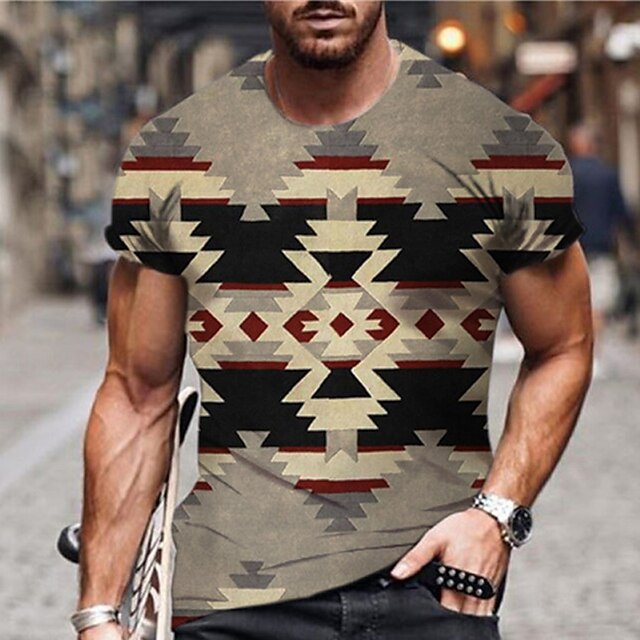 

Men's Unisex T shirt 3D Print Graphic Prints Argyle Crew Neck Street Daily Print Short Sleeve Tops Casual Designer Big and Tall Western Aztec Khaki / Summer