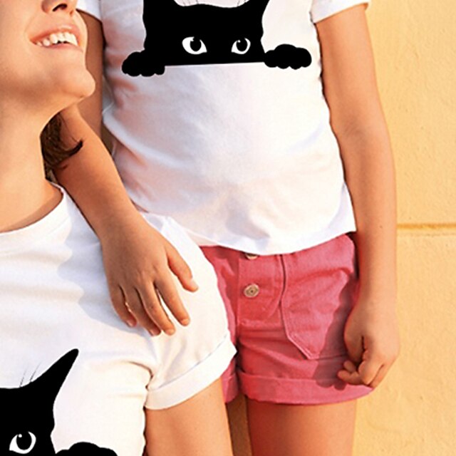 Baby & Kids Matching Outfits | Mommy and Me T shirt Tops Cat Animal Street Print White Short Sleeve Active Matching Outfits - PE