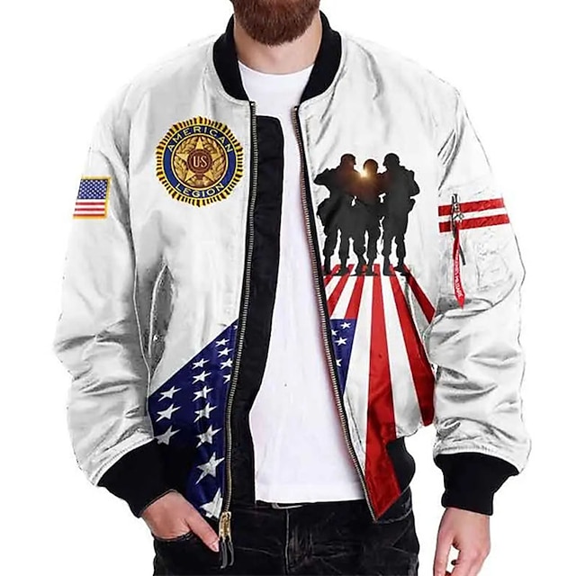 

Men's Jacket Street Daily Going out Fall Spring Regular Coat Regular Fit Breathable Sporty Casual Streetwear Jacket Long Sleeve 3D Print Letter Pocket Print White