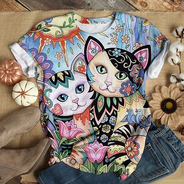 

Women's Floral Theme Cat Butterfly T shirt Floral Cat Butterfly Print Round Neck Basic Tops Green Blue White / 3D Print