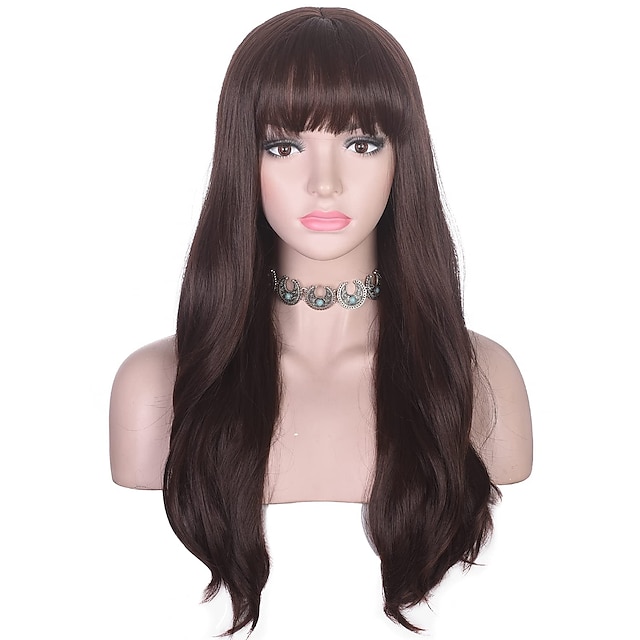 Beauty & Hair Wigs & Hair Pieces | Brown Wigs Long Wavy Wig With Bangs For Women Heat Resistant Synthetic Hair Natural Looking F