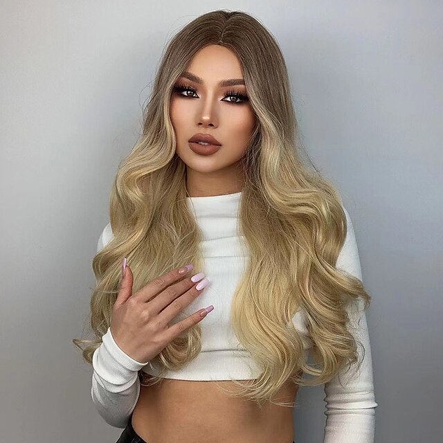 Beauty & Hair Wigs & Hair Pieces | HAIRCUBE Honey Blonde Highlighted Wigs Ombre Brown Long Body Wave Synthetic Wig for Black Wom