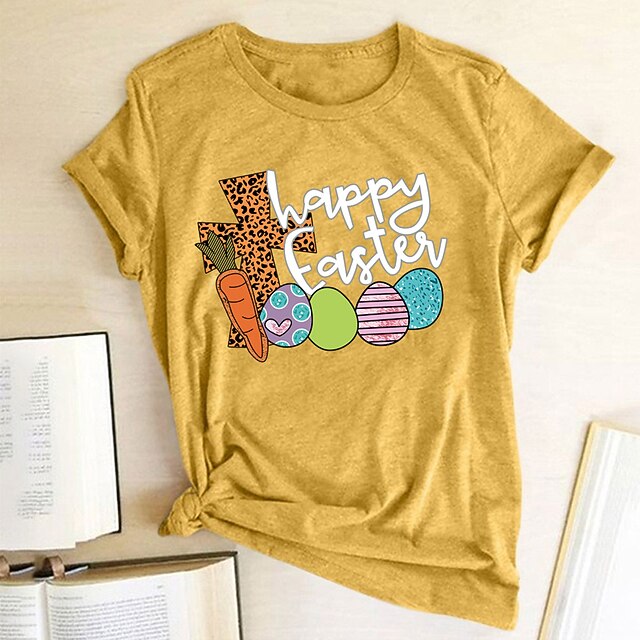 

Women's Happy Easter T shirt Graphic Leopard Text Print Round Neck Basic Tops Green White Black