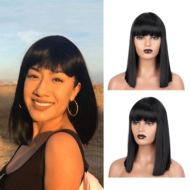  Black Wig With Bangs Black Straight Hair Wig With Bangs 16 Inch (Approx. 40.6 cm) Synthetic Bob Wig for Girls Heat Resistant Natural Long Straight Hair Wig Suitable for Cosplay Daily Date Party