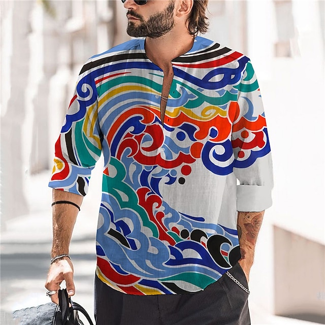 

Men's Shirt 3D Print Waves Stand Collar Street Casual Button-Down Print Long Sleeve Tops Casual Fashion Designer Breathable Rainbow