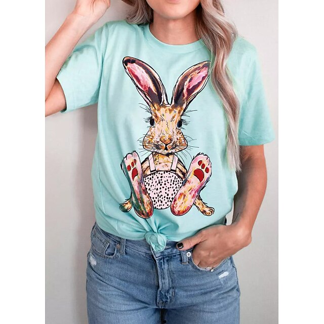 

Women's Happy Easter Painting T shirt Rabbit Animal Print Round Neck Basic Tops Light Blue / 3D Print