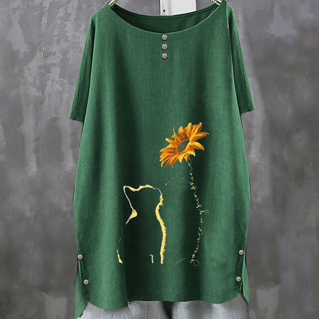 

Women's Plus Size Tops Blouse Floral Cat Print Short Sleeve Crewneck Streetwear Festival Daily Sports Cotton Spring Summer Green Blue