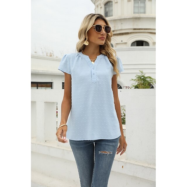 

Women's T shirt Plain Button V Neck Basic Tops Green White Black