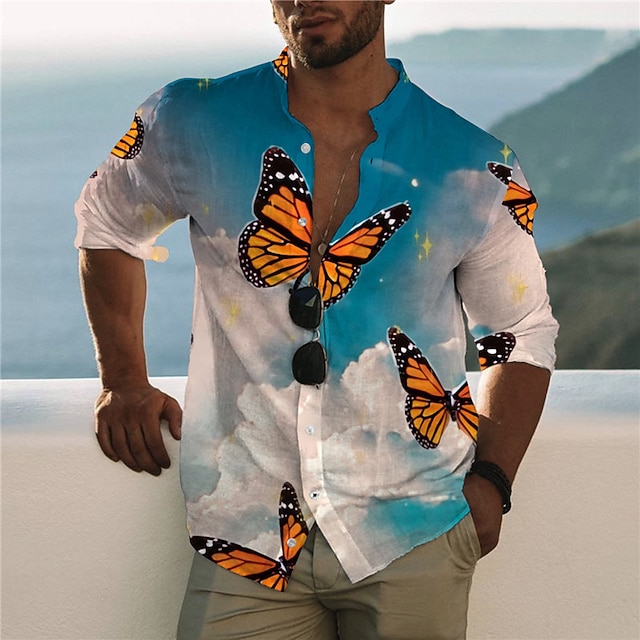 

Men's Shirt 3D Print Butterfly Animal Stand Collar Casual Daily Button-Down Print Long Sleeve Tops Casual Fashion Designer Comfortable Blue