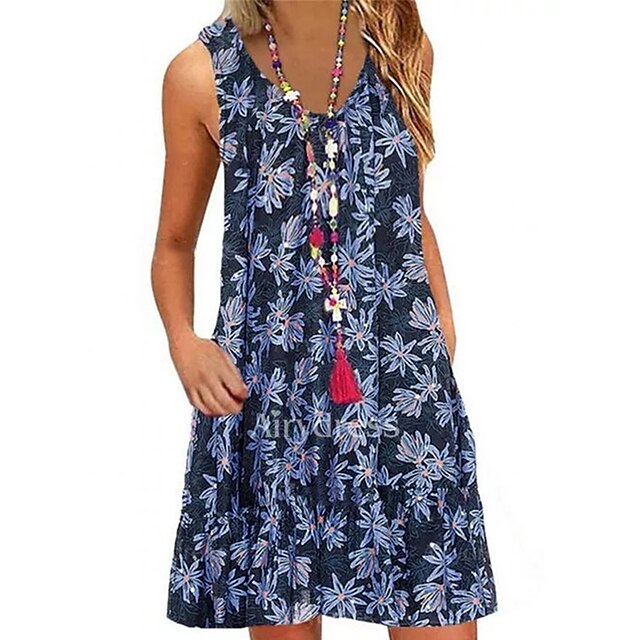 

Women's Shift Dress Short Mini Dress Navy Blue Sleeveless Floral Pocket Print Spring Summer V Neck Casual Vacation 2022 S M L XL XXL