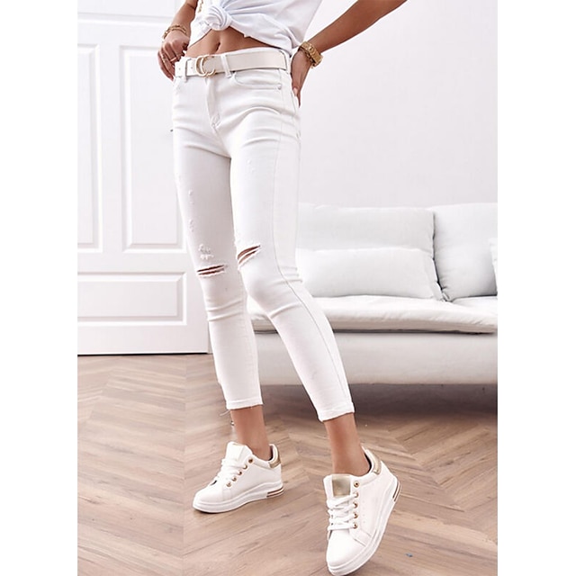 Womens Clothing Womens Bottoms | Womens Fashion Jeans Distressed Jeans Side Pockets Cut Out Ankle-Length Pants Casual Weekend Mi