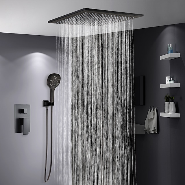  16 Inch Matte Black Shower Faucets Sets Complete with 3-Function Shower Head and Solid Brass Handshower Ceiling Mounted Rainfall Shower Head System Contain Shower Faucet Rough-in Valve Body and Trim