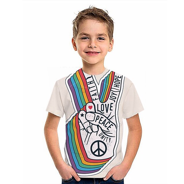 Baby & Kids Boys Clothing | Kids Boys T shirt Short Sleeve 3D Print Rainbow Peace Letter White Children Tops Spring Summer Activ