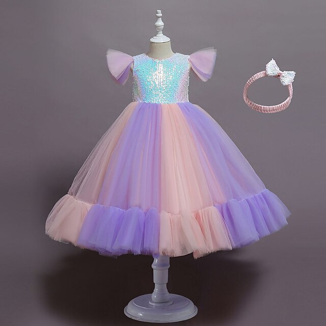 

Kids Little Girls' Dress Patchwork Sequin Tulle Dress Birthday Performance Sequins Mesh White Purple Pink Midi Sleeveless Princess Sweet Dresses Children's Day Spring Summer Slim 3-10 Years
