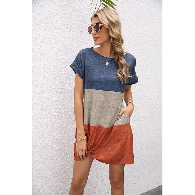 

Women's T shirt Dress T shirt Color Block Round Neck Basic Tops Green Blue Gray