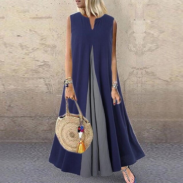 

Women's Shift Dress Maxi long Dress White Black Navy Blue Sleeveless Color Block Patchwork Spring Summer Round Neck Casual 2022 S M L XL XXL 3XL 4XL