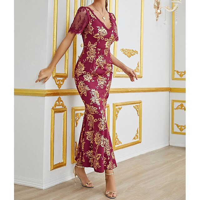 

Women's A Line Dress Maxi long Dress Red Short Sleeve Solid Color Chiffon Spring Summer V Neck Elegant Luxurious Elegant Cap Sleeve Mesh S M L XL
