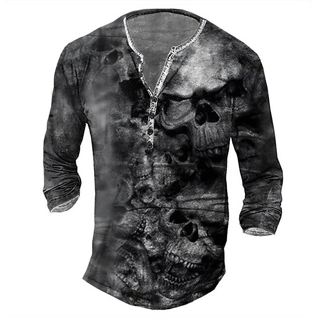 

Men's Henley Shirt Tee T shirt 3D Print Graphic Skull Plus Size Henley Daily Sports Button-Down Print Long Sleeve Tops Basic Casual Classic Designer Gray