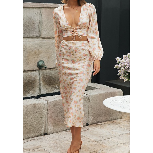 

Women's Basic Floral Casual Vacation Two Piece Set Crop Top Blouse Skirt Sets Skirt Lace up Print Tops