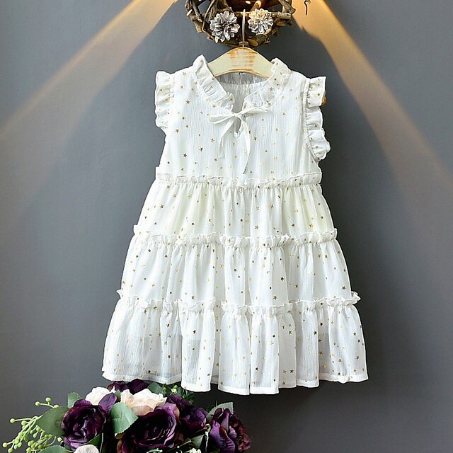 

Kids Little Girls' Dress Solid Colored A Line Dress Daily Sequins Ruched White Black Knee-length Sleeveless Cute Sweet Dresses Fall Summer Regular Fit 2-6 Years