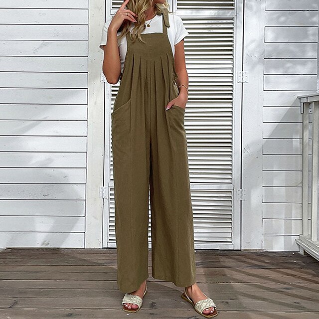 

Women's Overall Backless Pocket Solid Color Square Neck Basic Street Daily Regular Fit Sleeveless Army Green S M L Spring