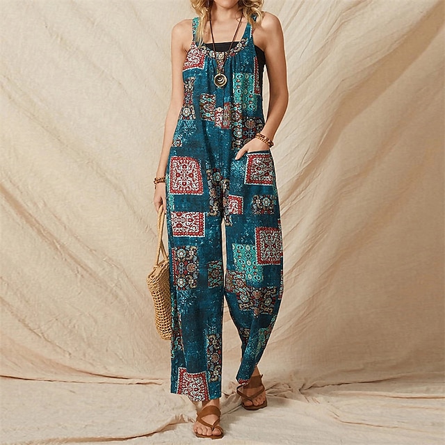 

Women's Jumpsuit Pocket Print Print Crew Neck Casual Street Daily Wide Leg Loose Sleeveless Green M L XL Fall