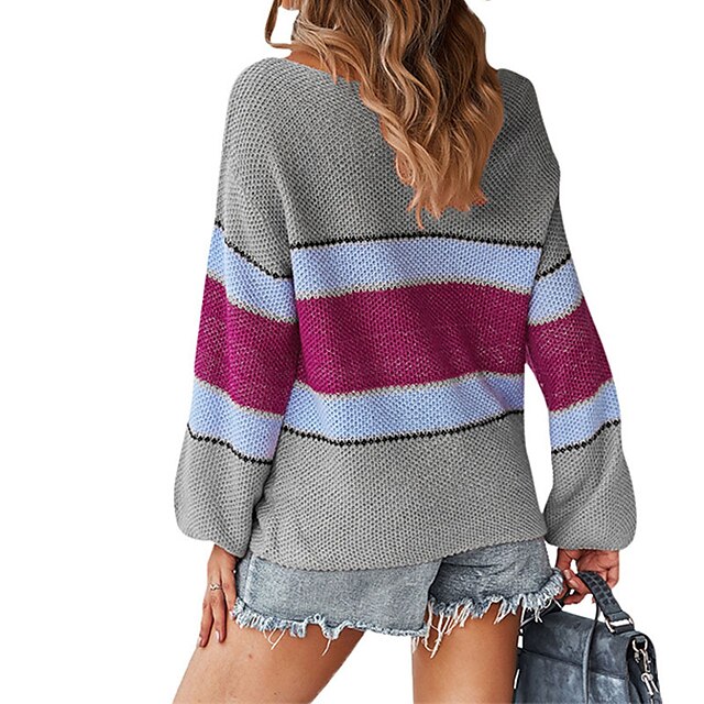 Womens Clothing Sweaters & Cardigans | Womens Pullover Sweater Jumper crochet Knit Stripe Knitted Striped Crew Neck Stylish Casu