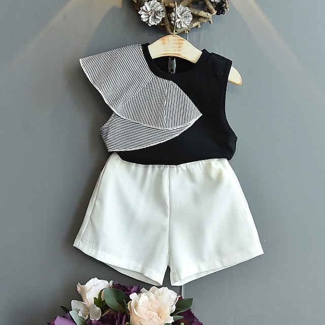 

Kids Girls' Tank Shorts Clothing Set 2 Pieces Sleeveless Black Color Block Stripe Patchwork Indoor Outdoor Cute Sweet Regular 2-6 Years