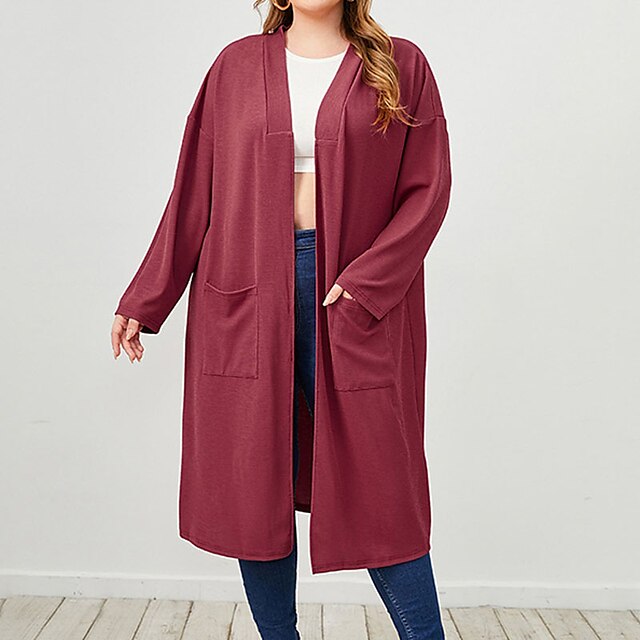 

Women's Plus Size Sweater Coat Pocket Plain Causal Vacation Long Sleeve V Neck Long Spring Summer Wine 3XL 4XL L XL XXL