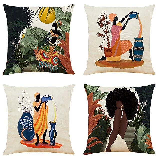 

African Painting Double Side Cushion Cover 4PC Soft Decorative Square Throw Pillow Cover Cushion Case Pillowcase for Bedroom Livingroom Superior Quality Machine Washable Indoor Cushion for Sofa Couch Bed Chair