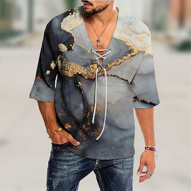 

Men's Shirt 3D Print Marble V Neck Casual Daily 3D Print Drawstring 3/4 Length Sleeve Tops Casual Fashion Designer Comfortable Gray