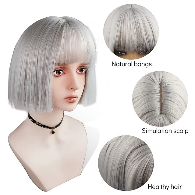 Beauty & Hair Wigs & Hair Pieces | Gray Wigs Short Bob Gray Wigs with Bangs 10 inch Straight Synthetic Brazlian Straight Hair He