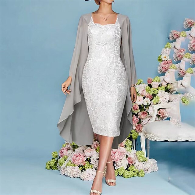 

Women's Two Piece Dress Knee Length Dress White Light Blue Long Sleeve Pure Color Lace Spring Summer Square Neck Casual 2022 S M L XL XXL 3XL