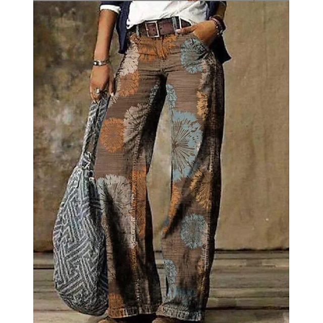  Women's Wide Leg Normal Faux Denim Graphic Yellow Brown Fashion Mid Waist Full Length Casual Weekend Summer Spring &  Fall