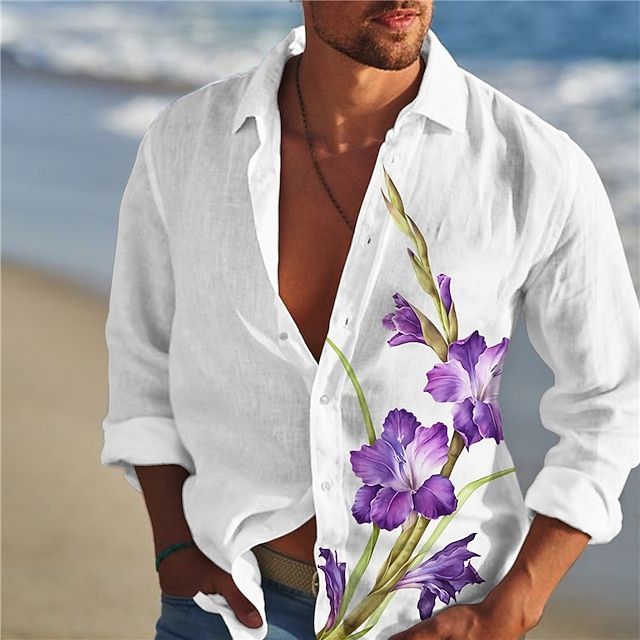

Men's Shirt 3D Print Floral V Neck Casual Daily 3D Print Long Sleeve Tops Casual Fashion Designer Comfortable White
