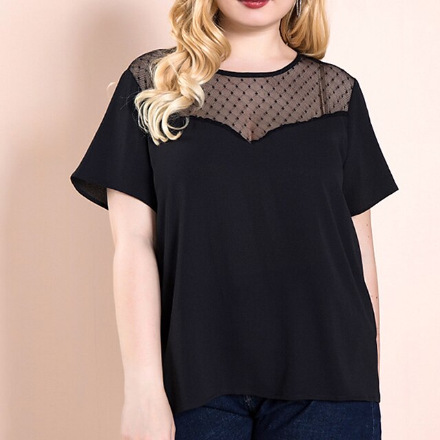 

Women's Plus Size Tops T shirt Plain Lace Short Sleeve Crewneck Streetwear Daily Going out Polyester Spring Summer Black