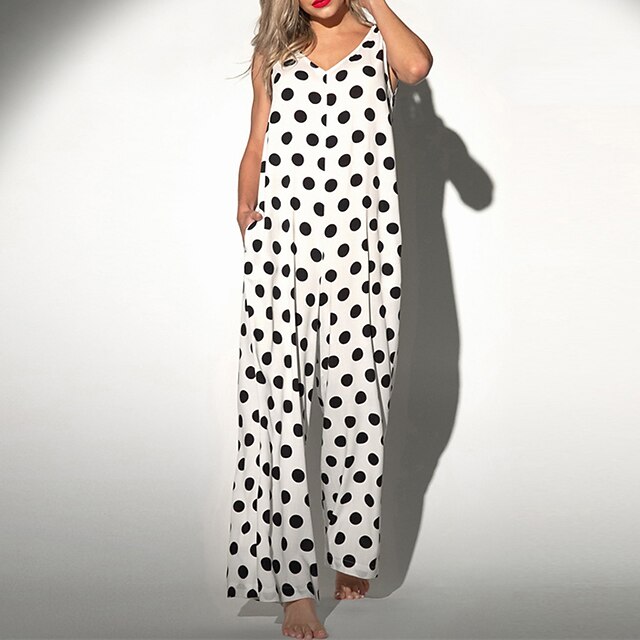 

Women's Jumpsuit Backless Pocket Polka Dot V Neck Casual Street Daily Wide Leg Regular Fit Sleeveless White Black Khaki S M L Spring