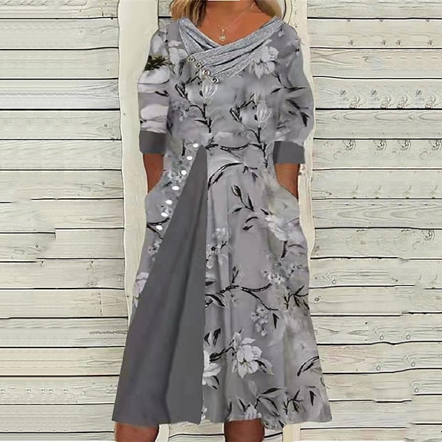 Womens Clothing Plus Size Collection | Womens Plus Size A Line Dress Floral V Neck Print 3/4 Length Sleeve Spring Summer Work Ca