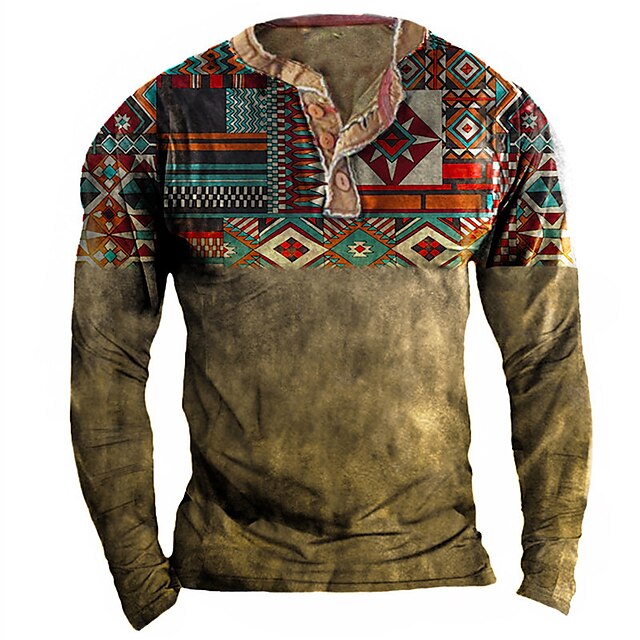 

Men's Henley Shirt Tee T shirt 3D Print Graphic Color Block Argyle Henley Casual Daily Button-Down Print Long Sleeve Tops Fashion Vintage Big and Tall Military Style Brown / Spring / Summer