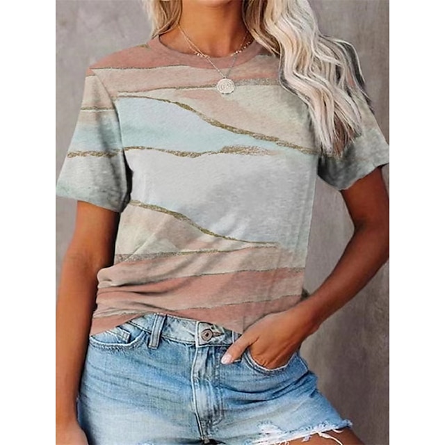 

Women's Geometric Painting T shirt Striped Scenery Print Round Neck Ethnic Vintage Tops Light gray / 3D Print